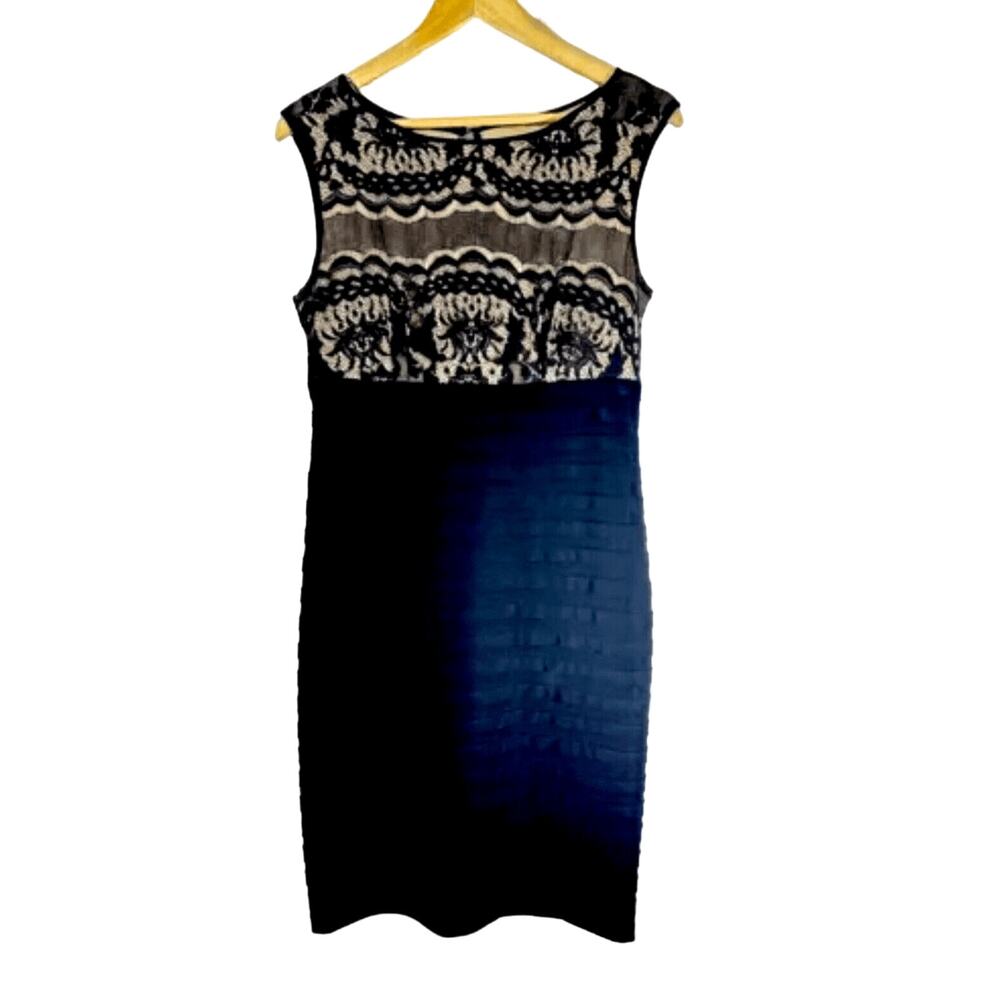 Adrianna Papell Lace Sheath Shutter Pleat Black Size 10 Women's Mini Dress‎ GUC
